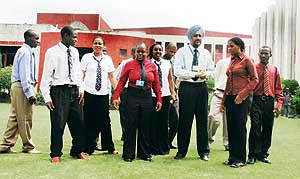 Dr K.N.S. Kang, Director, Punjab College of Technical Education, Baddowal, interacts with foreign students on the college campus on Wednesday.