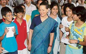 School children who came to see Parliament House proceedings with Congress president Sonia Gandhi in New Delhi