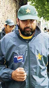 Inzamam-ul-Haq arrives at the Lords cricket ground in St. Johns Wood in central London for a team training session on Wednesday.