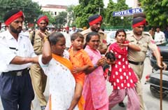 Three pickpocket suspects being rounded up by the police in Jalandhar on Thursday