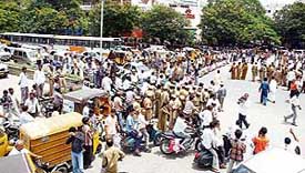 Telengana Rashtra Samithi  MLAs and activists block the road in front of the Assembly during their demonstration for a separate Telangana state in Hyderabad on Thursday