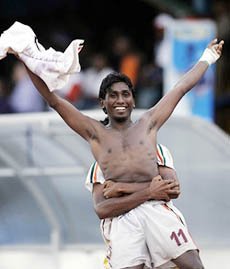 Sri Lankas Nuwantha Charaka celebrates after converting the match-winning penalty against India during the football semifinal at the South Asian Games in Colombo on Thursday.
