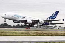 A new Airbus A380 super jumbo jet, equipped with engines supplied by General Electric and Pratt & Whitney Alliance, takes off in Toulouse-Blagnac airport, southwestern France, on Friday.