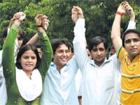 NSUI candidates in a cheerful mood after filing their nomination papers at Delhi University in the Capital.