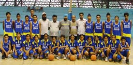 Players of the Punjab basketball sub-junior teams pose with officials in Ludhiana before their departure for the National Sub-Junior Basketball Championship to be held from August 28 to September 3 at Kolkata