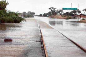 Railway tracks submerged in flood water at Khawas village in Barmer district of Rajasthan on Friday