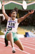 Anju Bobby George on her way to winning the gold medal in the womens long jump final at the 10th South Asian Federation Games in Colombo on Friday.