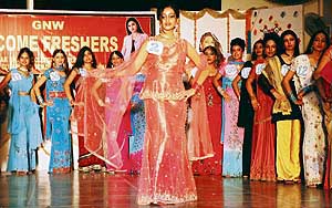 Newcomers of the GN Khalsa College for Women during the freshers party in Ludhiana on Saturday.