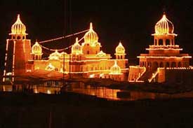 Illuminated Takht Sri Damdama Sahib at Talwandi Sabo where tercentenary of the compilation of Guru Granth Sahib will be celebrated from August 28