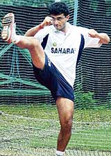 Sourav Ganguly practises kickboxing at the Eden Gardens in Kolkata on Saturday.