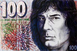 A Swiss currency note produced by J.S.G. Boggs with his own name and the name of the Basle art fair on it