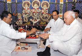Former Jammu and Kashmir Chief Minister Farooq Abdullah at the bhoomi poojan, organised by the Luv-Kush Ramlila Committee in the Capital on Sunday.
