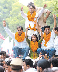 ABVP canditates compaigning for DUSU election on North Campus of Delhi University. 