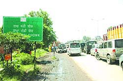 Waterlogging at Rama Mandi Chowk led to a traffic jam in Jalandhar on Tuesday.
