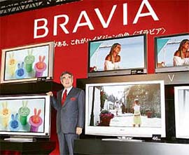 Japan's electronics giant Sony's Executive Vice-President Katsumi Ihara intoduces the new line up of company's LCD television sets "Bravia", with new technology to enhance colour reproduction together with a high-definition image in Tokyo on Wednesday.