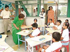 First Lady Jean Rodrigues interacts with students of Strawberry Fields World School on her maiden visit to the school in Chandigarh
