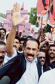 MDMK general secretary Vaiko shouts slogans as he takes part in a demonstration near the Sri Lankan High Commission in New Delhi on Wednesday to protest against the killing of Tamils by the Sri Lankan army in the island nation. 