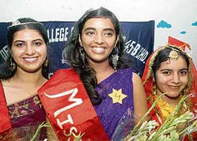 Kshipra, who was adjudged Miss Fresher, with Gurpreet, second runners-up, and Deep Kiran, first runners-up, at a freshers party for hostel newcomers at the Dev Samaj College for Women, Sector 45, Chandigarh