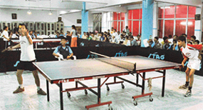 Players in action at the Ludhiana Sahodaya Schools Complex Table Tennis Tournament in Ludhiana on Friday.