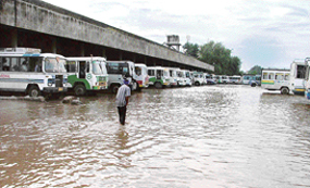 A view of the waterlogged bus terminus in Ludhiana.