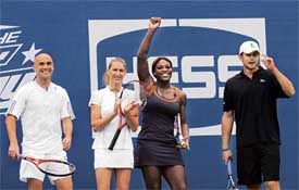 Andre Agassi, Steffi Graf, Serena Williams and Andy Roddick are all smiles during a tennis skills charity event prior to the US Open in New York