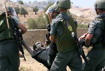 Israeli police arrests a protester demonstrating against Israel's separation barrier in the West Bank village of Bilin on Friday. Palestinian leaders call the barrier "an apartheid fence", which is a 670-km mix of concrete, steel and razor wire.