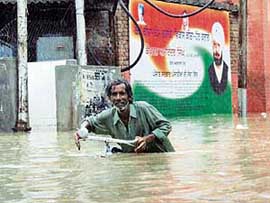 A cyclist wades through an inundated road at Sirki Bazar after heavy rain in Bathinda on Saturday.