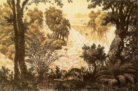 The Khon Falls on the Mekong, the largest in the world, and tigers in the foreground.