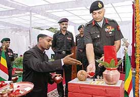 General Officer Commanding-in-Chief, Western Command, Lt-Gen Daljeet Singh, performs 'bhoomi poojan' during the foundation laying ceremony for the married accommodation project at Chandimandir 