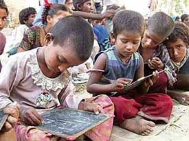 Destitute children studying at a mobile school in Bathinda.