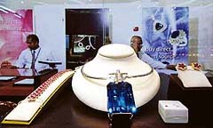 A pendant made with a Sri Lankan blue sapphire is dispalyed at a gem and jewellery exhibition in Colombo