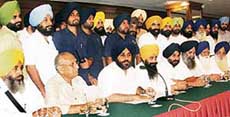Mr Sukhbir Badal and other leaders of the SAD-BJP alliance address a press conference in Ludhiana on Wednesday. 