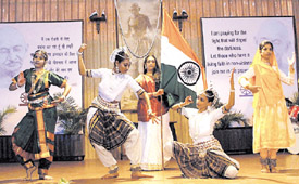 Schoolchildren performing Vande Mataram during an inter-school competition at Gandhi Smriti in the Capital.