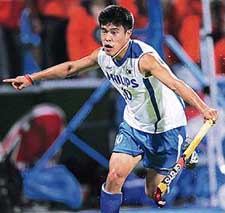 South Koreas Hyo Sik You celebrates after scoring against the Netherlands during a Pool B match of the hockey World Cup at Monchengladbach on Wednesday
