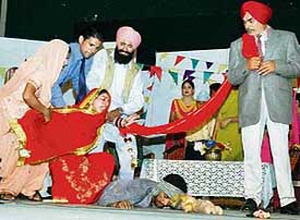 A scene from the play Dukhdey Kaleeray staged at Punjabi Bhawan on Saturday night