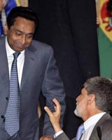 Minister for Commerce and Industry Kamal Nath listens to Brazilian Foreign Minister Celso Amorim during the G-20 nations ministerial meeting at the Copacabana Palace Hotel in Rio de Janeiro on Sunday