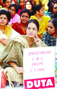 Delhi University teachers sitting on dharna to press for their demands in the Capital