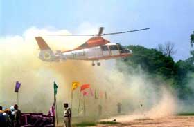 The dust rising from the spot where the helicopter was landed before the crash at Bahadurpur Rajoa village in the Sri Hargobindpur area of Gurdaspur.