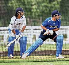 Sachin Tendulkar and M. S. Dhoni during a practice session at Selangor Turf Club in Kuala Lumpur on Friday