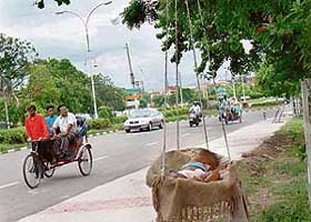 A child of a roadside labourer sleeps in a basket hung from a tree like a jhoola while parents are away at work in Panchkula