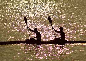 Rowers in action during the Chandigarh State Junior Rowing Championship held at the Lake Club, Chandigarh
