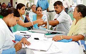 A health camp in progress at Pracheen Shiv Mandir, Sector 9, Panchkula