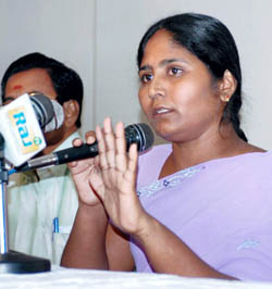 Sandalwood smuggler Veerappans wife Muthulakshi addresses a Press conference in Chennai on Saturday to announce her opposition to the proposed film based on her husband