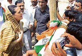 Congress president Sonia Gandhi interacts with people at Rae Bareli on Saturday