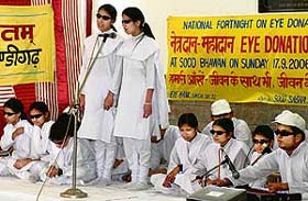 Students from the Institute of Blind, Sector 26, perform at an eye donation awareness camp in Sood Bhavan, Sector 44, Chandigarh