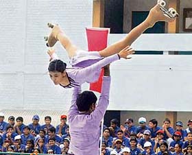 An artistic skating demonstration in progress after the inauguration of a speed skating rink at the KBDAV School, Sector 7, Chandigarh