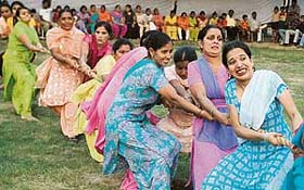 A tug-of-war in progress during the fun games organised by the Yuva Sangathan in Sector 44, Chandigarh