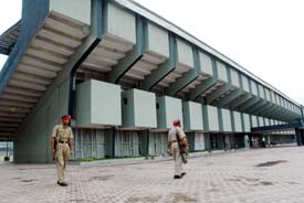 Policemen guard Guru Nanak Stadium in Ludhiana, where the Prime Minister will attend a function on September 27