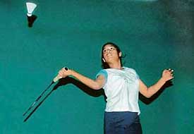 Gagandeep Kaur plays a shot during her match against Dipti Sharma in the 18th Chandigarh State Open Badminton Championship at the Badminton Hall, Sector 42, Chandigarh, on Thursday