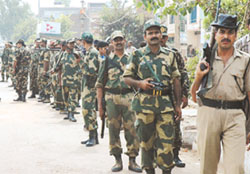 BSF personnel keeping vigil at Seelampur in East Delhi area on Thursday. 